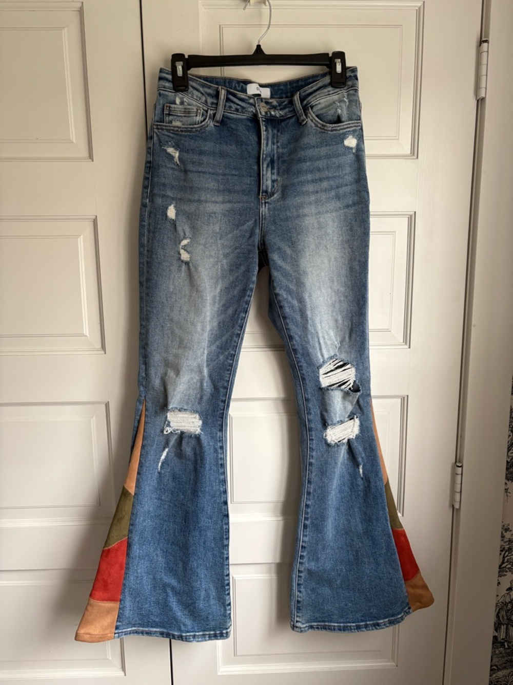 Distressed Stretch Blue Flare Jeans with Multicolor Panel Detail